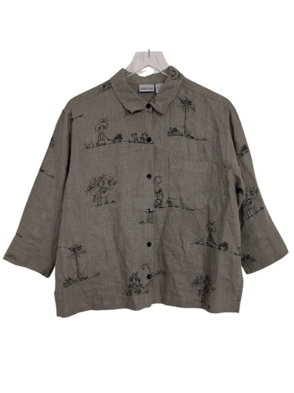 Chicos 1 Linen Monkeys Bananas Shirt Womens Size Medium Green Whimsical Boho